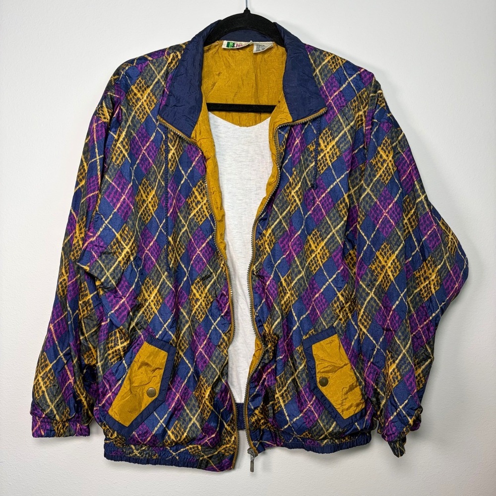 Vintage Bold Spirit Argyle Windbreaker Jacket Blue Purple Yellow Size M 90s
